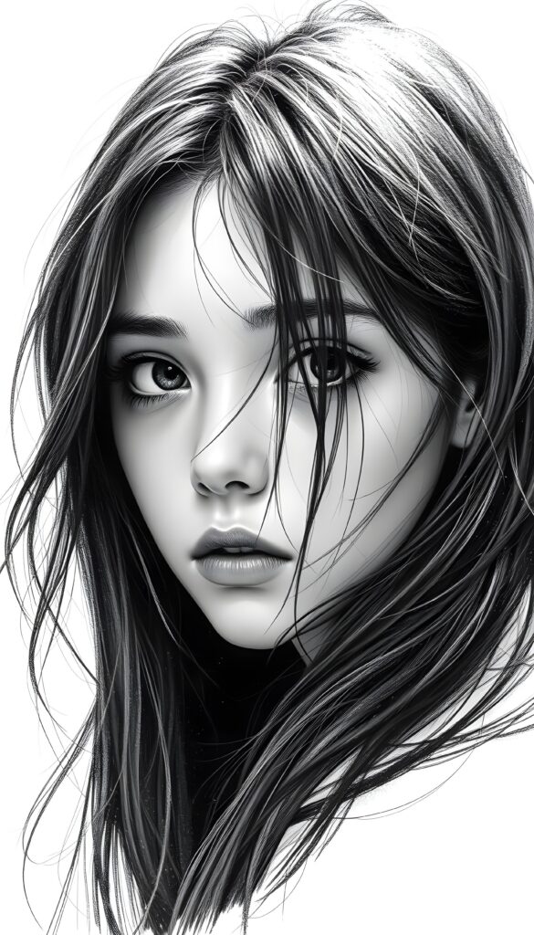 A hyper-realistic pencil drawing of a young girl with long, flowing black hair, her eyes sparkling with a mix of curiosity and melancholy. The girl's skin is radiant, with subtle highlights catching the light. She gazes intently at the viewer, evoking a sense of deep emotion. The background is a pure white, enhancing the contrast and focusing attention on her expressive features. The drawing is highly detailed, with intricate shading that brings out the texture of her hair and the softness of her skin. The lighting is gentle, creating a soft glow around her face. The overall composition is balanced, with the girl positioned slightly off-center, adding dynamism to the portrait.
