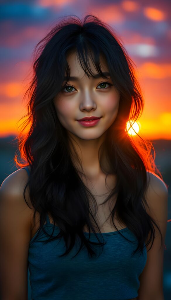 A hyper-realistic portrait of a young girl with long, wavy black hair, wearing a grey crop tank top, set against a vivid sunset backdrop. She has playful, bright green eyes and a subtle smile, creating a warm and inviting atmosphere. The scene is bathed in golden, soft evening light, with the sky transitioning from fiery orange to deep purple, casting a gentle glow on her face. Her hair subtly catches the light, adding depth and texture. The composition emphasizes her expressive eyes and the softness of her features, making her appear approachable and full of life.