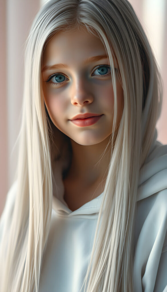 A hyper-realistic, highly detailed, vivid portrait of a young girl with long, straight, soft white hair cascading down her back, wearing a white, thin hoodie that fits snugly, her face is round and detailed, with full lips that are slightly parted, her eyes are a deep, captivating shade of blue, and she has a gentle smile on her face, set against a soft, pastel-colored background with a subtle bokeh effect, creating a dreamy, ethereal atmosphere.