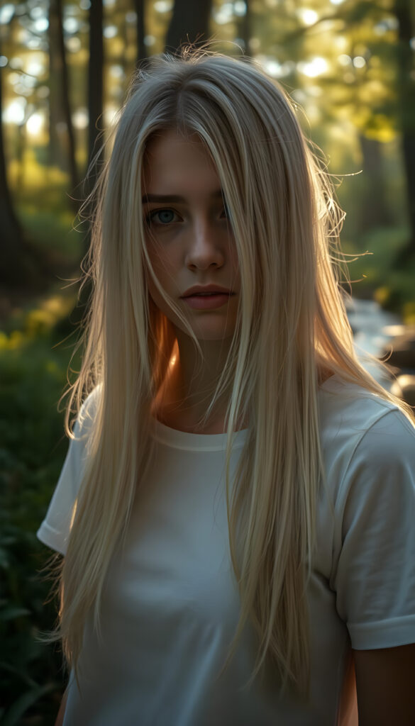 A hyperrealistic scene depicting a young adult woman with flowing, untamed, straight, silky white blonde hair cascading down her shoulders, her expression intensely sorrowful. She wears a minimalist white short-sleeve T-shirt. The image is set in a serene, sunlit forest with golden rays filtering through the trees, casting a warm glow on her face. The background features a gentle stream and lush greenery, enhancing the contrast between her melancholy and the vibrant natural surroundings. The composition is dynamic, with a low-angle shot emphasizing her hair and expression, creating a dramatic and emotionally powerful image.