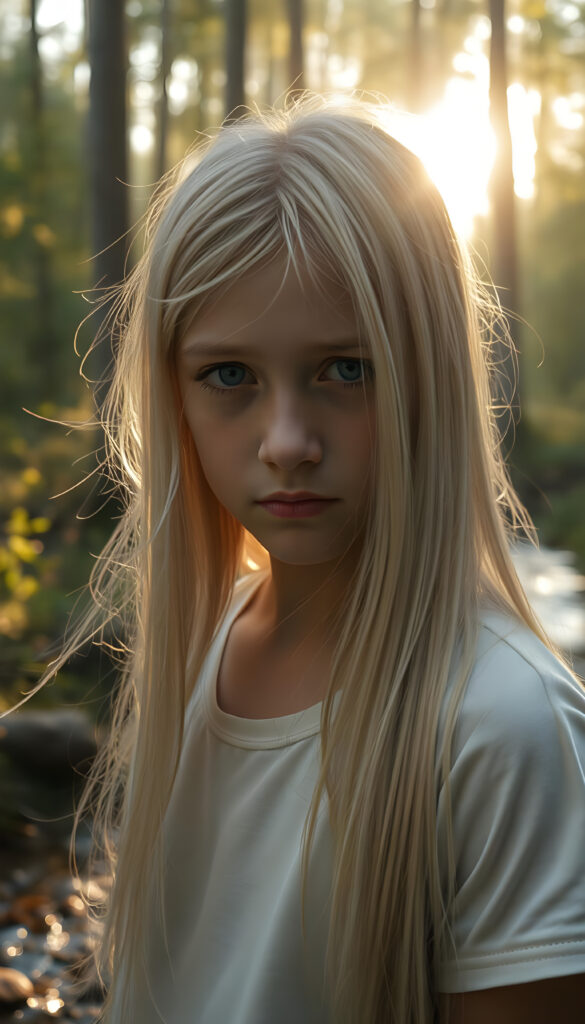 A hyperrealistic scene depicting a young girl with flowing, untamed, straight, silky white blonde hair cascading down her shoulders, her expression intensely sorrowful. She wears a minimalist white short-sleeve T-shirt. The image is set in a serene, sunlit forest with golden rays filtering through the trees, casting a warm glow on her face. The background features a gentle stream and lush greenery, enhancing the contrast between her melancholy and the vibrant natural surroundings. The composition is dynamic, with a low-angle shot emphasizing her hair and expression, creating a dramatic and emotionally powerful image.