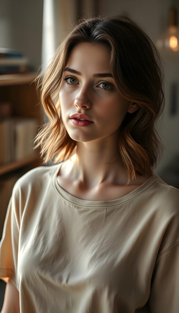 A hyperrealistic portrait, a young woman with fair skin and expressive hazel eyes, shoulder-length wavy chestnut brown hair with natural highlights, standing in soft natural morning light filtering through a window. She wears a simple elegant translucent beige linen t-shirt, subtle natural makeup with defined eyebrows and a soft rose lip color. Her expression is calm and thoughtful, looking slightly off-camera with a gentle, introspective gaze. The background is a softly blurred cozy Prague apartment interior with warm wooden furniture and hints of books, creating depth and atmosphere. Shot with an 85mm lens at f/1.8 for shallow depth of field, ultra-detailed skin texture with visible pores and fine hairs, photorealistic style, 8K resolution.