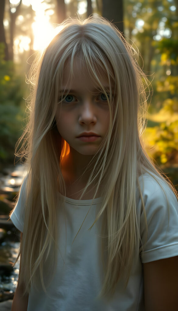 A hyperrealistic scene depicting a young girl with flowing, untamed, straight, silky white blonde hair cascading down her shoulders, her expression intensely sorrowful. She wears a minimalist white short-sleeve T-shirt. The image is set in a serene, sunlit forest with golden rays filtering through the trees, casting a warm glow on her face. The background features a gentle stream and lush greenery, enhancing the contrast between her melancholy and the vibrant natural surroundings. The composition is dynamic, with a low-angle shot emphasizing her hair and expression, creating a dramatic and emotionally powerful image.