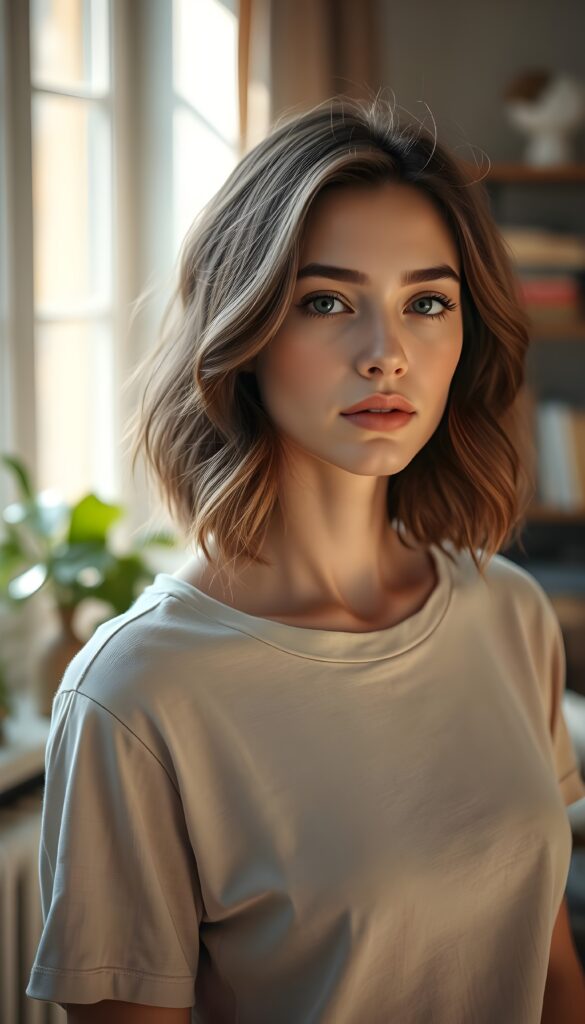 A hyperrealistic portrait, a young woman with fair skin and expressive hazel eyes, shoulder-length wavy chestnut brown hair with natural highlights, standing in soft natural morning light filtering through a window. She wears a simple elegant translucent beige linen t-shirt, subtle natural makeup with defined eyebrows and a soft rose lip color. Her expression is calm and thoughtful, looking slightly off-camera with a gentle, introspective gaze. The background is a softly blurred cozy Prague apartment interior with warm wooden furniture and hints of books, creating depth and atmosphere. Shot with an 85mm lens at f/1.8 for shallow depth of field, ultra-detailed skin texture with visible pores and fine hairs, photorealistic style, 8K resolution.