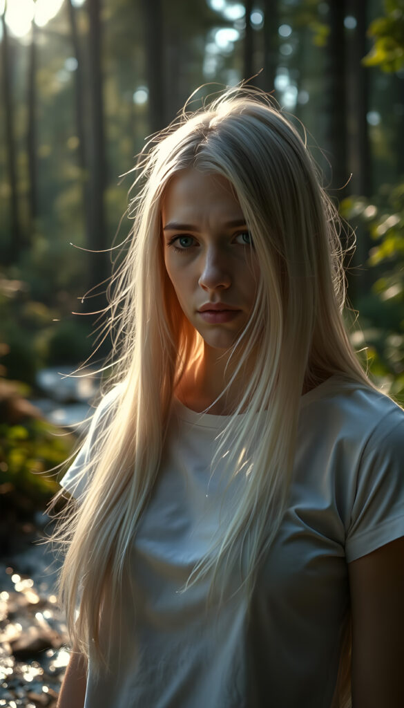 A hyperrealistic scene depicting a young adult woman with flowing, untamed, straight, silky white blonde hair cascading down her shoulders, her expression intensely sorrowful. She wears a minimalist white short-sleeve T-shirt. The image is set in a serene, sunlit forest with golden rays filtering through the trees, casting a warm glow on her face. The background features a gentle stream and lush greenery, enhancing the contrast between her melancholy and the vibrant natural surroundings. The composition is dynamic, with a low-angle shot emphasizing her hair and expression, creating a dramatic and emotionally powerful image.