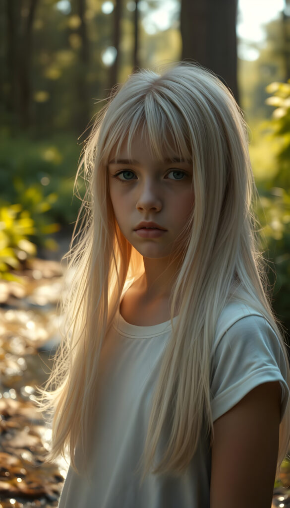 A hyperrealistic scene depicting a young girl with flowing, untamed, straight, silky white blonde hair cascading down her shoulders, her expression intensely sorrowful. She wears a minimalist white short-sleeve T-shirt. The image is set in a serene, sunlit forest with golden rays filtering through the trees, casting a warm glow on her face. The background features a gentle stream and lush greenery, enhancing the contrast between her melancholy and the vibrant natural surroundings. The composition is dynamic, with a low-angle shot emphasizing her hair and expression, creating a dramatic and emotionally powerful image.
