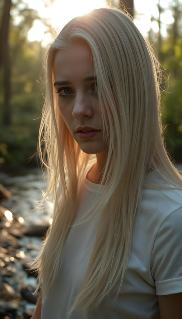 A hyperrealistic scene depicting a young adult woman with flowing, untamed, straight, silky white blonde hair cascading down her shoulders, her expression intensely sorrowful. She wears a minimalist white short-sleeve T-shirt. The image is set in a serene, sunlit forest with golden rays filtering through the trees, casting a warm glow on her face. The background features a gentle stream and lush greenery, enhancing the contrast between her melancholy and the vibrant natural surroundings. The composition is dynamic, with a low-angle shot emphasizing her hair and expression, creating a dramatic and emotionally powerful image.