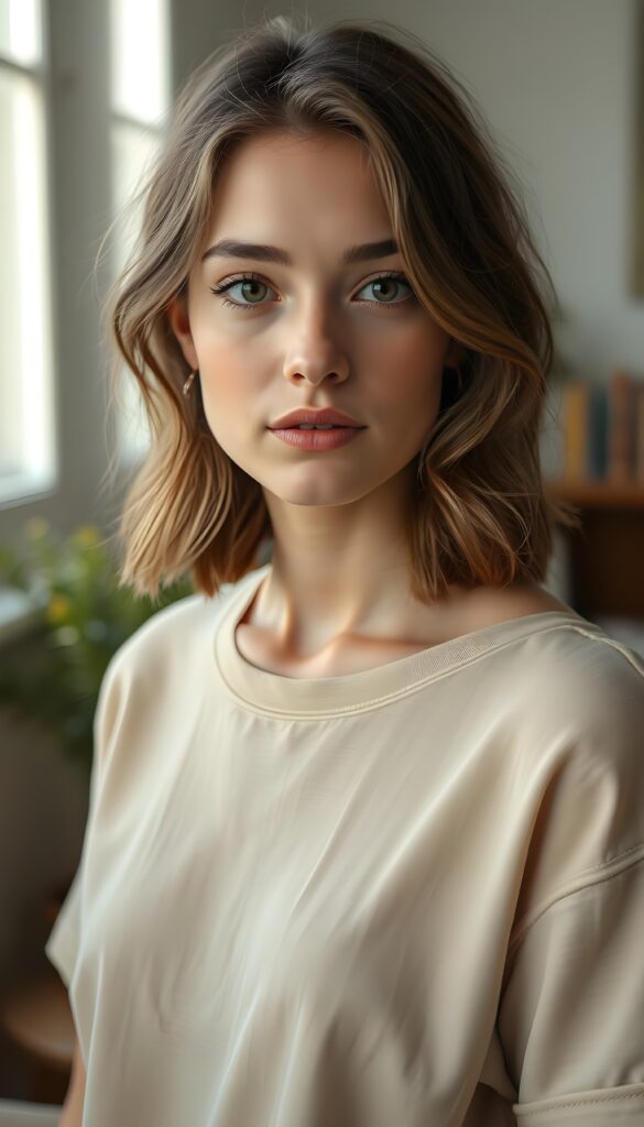 A hyperrealistic portrait, a young woman with fair skin and expressive hazel eyes, shoulder-length wavy chestnut brown hair with natural highlights, standing in soft natural morning light filtering through a window. She wears a simple elegant translucent beige linen t-shirt, subtle natural makeup with defined eyebrows and a soft rose lip color. Her expression is calm and thoughtful, looking slightly off-camera with a gentle, introspective gaze. The background is a softly blurred cozy Prague apartment interior with warm wooden furniture and hints of books, creating depth and atmosphere. Shot with an 85mm lens at f/1.8 for shallow depth of field, ultra-detailed skin texture with visible pores and fine hairs, photorealistic style, 8K resolution.