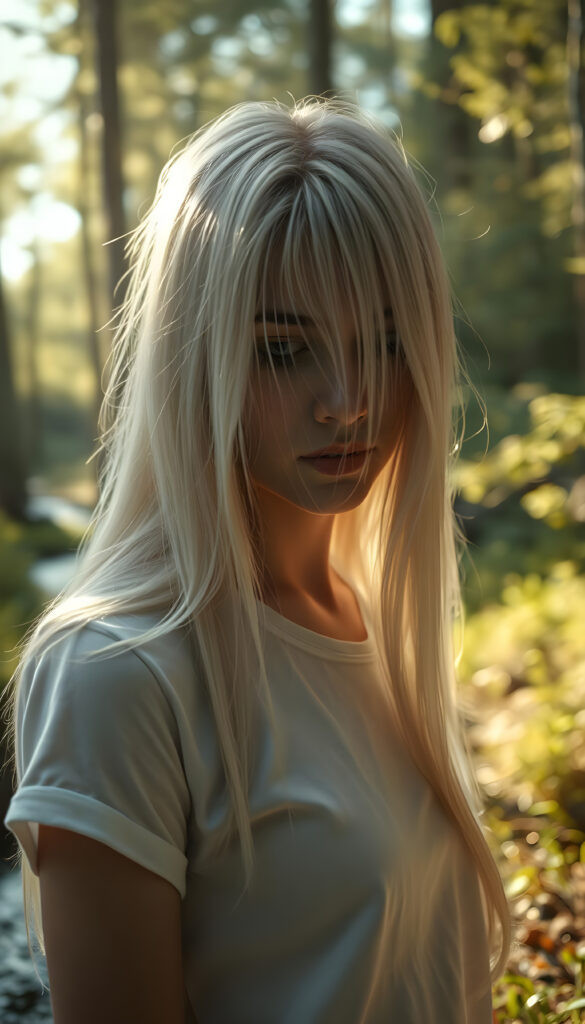 A hyperrealistic scene depicting a young adult woman with flowing, untamed, straight, silky white blonde hair cascading down her shoulders, her expression intensely sorrowful. She wears a minimalist white short-sleeve T-shirt. The image is set in a serene, sunlit forest with golden rays filtering through the trees, casting a warm glow on her face. The background features a gentle stream and lush greenery, enhancing the contrast between her melancholy and the vibrant natural surroundings. The composition is dynamic, with a low-angle shot emphasizing her hair and expression, creating a dramatic and emotionally powerful image.