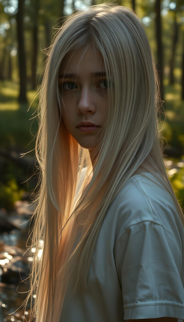 A hyperrealistic scene depicting a young girl with flowing, untamed, straight, silky white blonde hair cascading down her shoulders, her expression intensely sorrowful. She wears a minimalist white short-sleeve T-shirt. The image is set in a serene, sunlit forest with golden rays filtering through the trees, casting a warm glow on her face. The background features a gentle stream and lush greenery, enhancing the contrast between her melancholy and the vibrant natural surroundings. The composition is dynamic, with a low-angle shot emphasizing her hair and expression, creating a dramatic and emotionally powerful image.