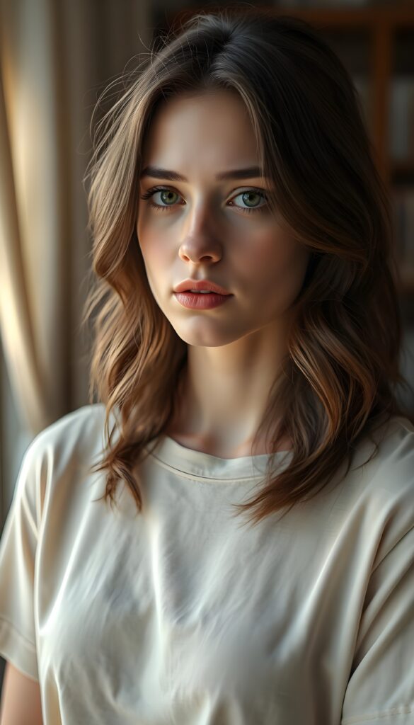 A hyperrealistic portrait, a young woman with fair skin and expressive hazel eyes, shoulder-length wavy chestnut brown hair with natural highlights, standing in soft natural morning light filtering through a window. She wears a simple elegant translucent beige linen t-shirt, subtle natural makeup with defined eyebrows and a soft rose lip color. Her expression is calm and thoughtful, looking slightly off-camera with a gentle, introspective gaze. The background is a softly blurred cozy Prague apartment interior with warm wooden furniture and hints of books, creating depth and atmosphere. Shot with an 85mm lens at f/1.8 for shallow depth of field, ultra-detailed skin texture with visible pores and fine hairs, photorealistic style, 8K resolution.