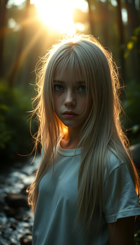 A hyperrealistic scene depicting a young girl with flowing, untamed, straight, silky white blonde hair cascading down her shoulders, her expression intensely sorrowful. She wears a minimalist white short-sleeve T-shirt. The image is set in a serene, sunlit forest with golden rays filtering through the trees, casting a warm glow on her face. The background features a gentle stream and lush greenery, enhancing the contrast between her melancholy and the vibrant natural surroundings. The composition is dynamic, with a low-angle shot emphasizing her hair and expression, creating a dramatic and emotionally powerful image.