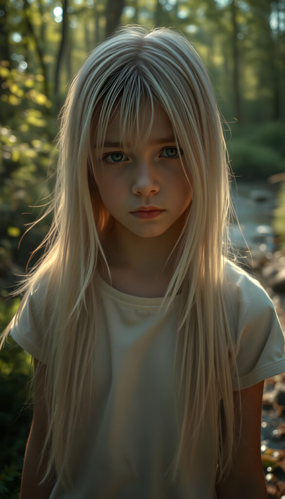 A hyperrealistic scene depicting a young girl with flowing, untamed, straight, silky white blonde hair cascading down her shoulders, her expression intensely sorrowful. She wears a minimalist white short-sleeve T-shirt. The image is set in a serene, sunlit forest with golden rays filtering through the trees, casting a warm glow on her face. The background features a gentle stream and lush greenery, enhancing the contrast between her melancholy and the vibrant natural surroundings. The composition is dynamic, with a low-angle shot emphasizing her hair and expression, creating a dramatic and emotionally powerful image.