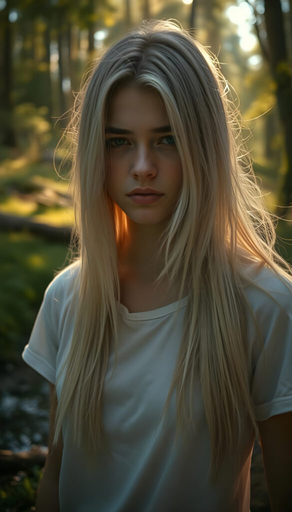 A hyperrealistic scene depicting a young adult woman with flowing, untamed, straight, silky white blonde hair cascading down her shoulders, her expression intensely sorrowful. She wears a minimalist white short-sleeve T-shirt. The image is set in a serene, sunlit forest with golden rays filtering through the trees, casting a warm glow on her face. The background features a gentle stream and lush greenery, enhancing the contrast between her melancholy and the vibrant natural surroundings. The composition is dynamic, with a low-angle shot emphasizing her hair and expression, creating a dramatic and emotionally powerful image.