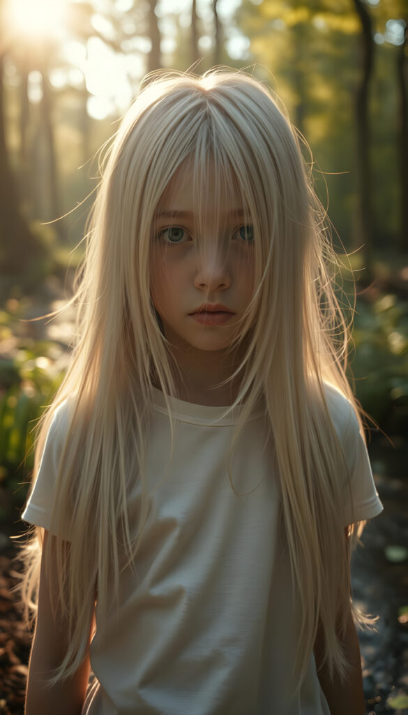 A hyperrealistic scene depicting a young girl with flowing, untamed, straight, silky white blonde hair cascading down her shoulders, her expression intensely sorrowful. She wears a minimalist white short-sleeve T-shirt. The image is set in a serene, sunlit forest with golden rays filtering through the trees, casting a warm glow on her face. The background features a gentle stream and lush greenery, enhancing the contrast between her melancholy and the vibrant natural surroundings. The composition is dynamic, with a low-angle shot emphasizing her hair and expression, creating a dramatic and emotionally powerful image.