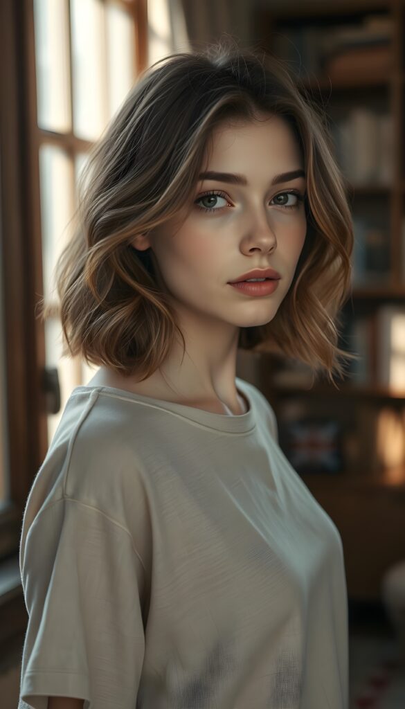 A hyperrealistic portrait, a young woman with fair skin and expressive hazel eyes, shoulder-length wavy chestnut brown hair with natural highlights, standing in soft natural morning light filtering through a window. She wears a simple elegant translucent beige linen t-shirt, subtle natural makeup with defined eyebrows and a soft rose lip color. Her expression is calm and thoughtful, looking slightly off-camera with a gentle, introspective gaze. The background is a softly blurred cozy Prague apartment interior with warm wooden furniture and hints of books, creating depth and atmosphere. Shot with an 85mm lens at f/1.8 for shallow depth of field, ultra-detailed skin texture with visible pores and fine hairs, photorealistic style, 8K resolution.
