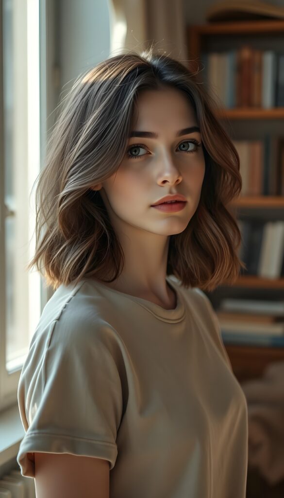 A hyperrealistic portrait, a young woman with fair skin and expressive hazel eyes, shoulder-length wavy chestnut brown hair with natural highlights, standing in soft natural morning light filtering through a window. She wears a simple elegant translucent beige linen t-shirt, subtle natural makeup with defined eyebrows and a soft rose lip color. Her expression is calm and thoughtful, looking slightly off-camera with a gentle, introspective gaze. The background is a softly blurred cozy Prague apartment interior with warm wooden furniture and hints of books, creating depth and atmosphere. Shot with an 85mm lens at f/1.8 for shallow depth of field, ultra-detailed skin texture with visible pores and fine hairs, photorealistic style, 8K resolution.