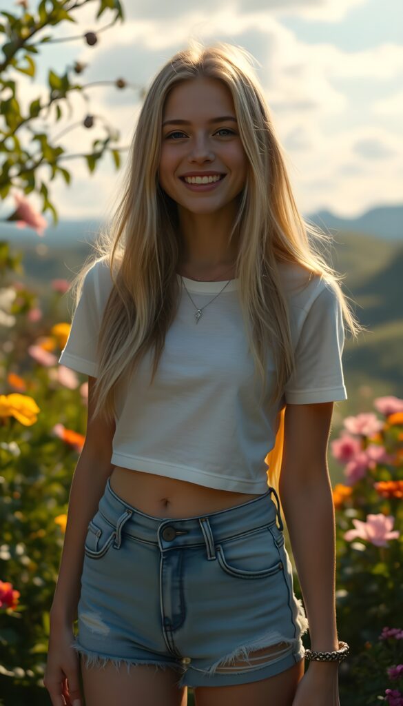 A joyful 18-year-old blonde girl with long, straight shoulder-length hair stands confidently in a whimsical garden. She wears a classic white cropped T-shirt and denim shorts. Her ensemble is accessorized with a delicate, shimmering necklace and stylish, pointed leather boots. The scene is bathed in golden sunlight, casting a warm, magical glow. Behind her, fantastical flowers bloom in a rainbow of colors. The background features a serene, dreamlike landscape with rolling hills and a clear blue sky dotted with fluffy white clouds.