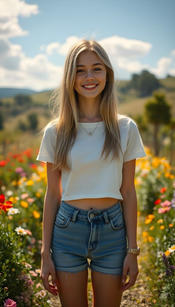 A joyful 18-year-old blonde girl with long, straight shoulder-length hair stands confidently in a whimsical garden. She wears a classic white cropped T-shirt and denim shorts. Her ensemble is accessorized with a delicate, shimmering necklace and stylish, pointed leather boots. The scene is bathed in golden sunlight, casting a warm, magical glow. Behind her, fantastical flowers bloom in a rainbow of colors. The background features a serene, dreamlike landscape with rolling hills and a clear blue sky dotted with fluffy white clouds.