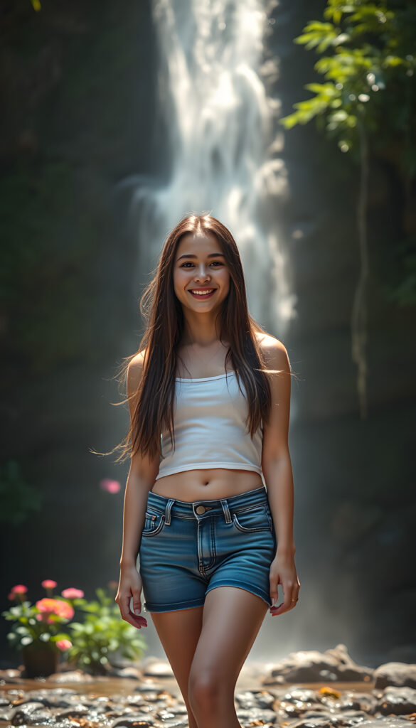 A joyful brunette pose teen girl, short cropped tank top, short denim jeans pants, stands at the base of a majestic waterfall, surrounded by lush greenery and vibrant flowers, with sunlight streaming through the mist, creating a magical, sparkling atmosphere, her hair are straight and long.