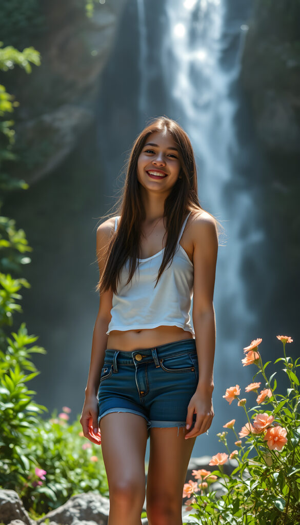 A joyful brunette pose teen girl, short cropped tank top, short denim jeans pants, stands at the base of a majestic waterfall, surrounded by lush greenery and vibrant flowers, with sunlight streaming through the mist, creating a magical, sparkling atmosphere, her hair are straight and long.
