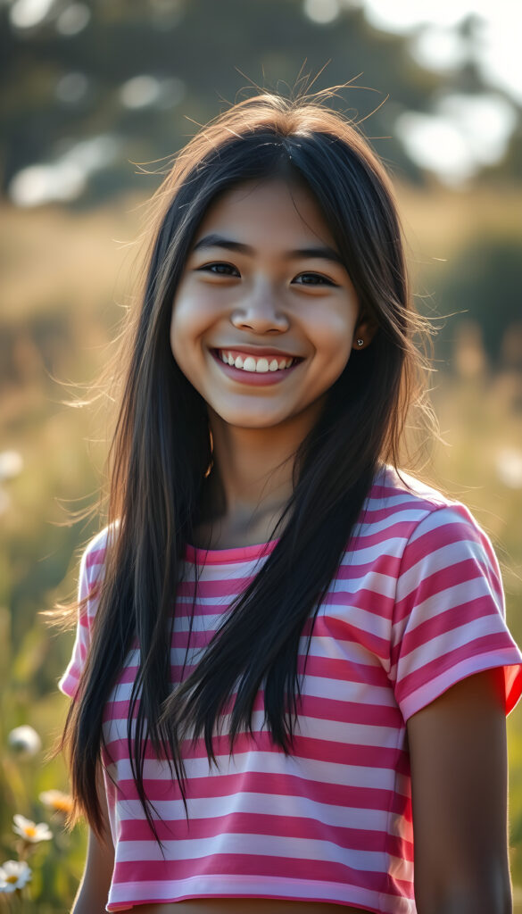 A joyful happy Filipino teenage girl with long black hair with the same length right and the left side, wearing a vibrant pink and white striped cropped t-shirt, stands in a sunlit meadow. Her bright eyes sparkle with happiness as she twirls, with a soft, dreamy atmosphere and a warm, golden glow that enhances her radiant smile. The scene is filled with a sense of carefree bliss and youthful energy centered portrait
