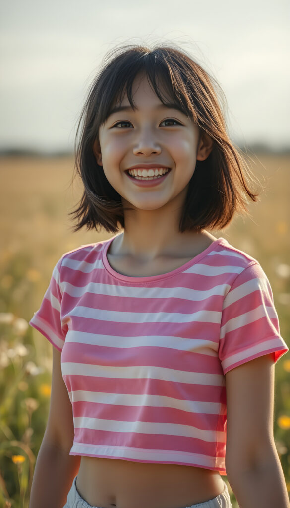 A joyful happy Filipino teenage girl with long black hair with the same length right and the left side, wearing a vibrant pink and white striped cropped t-shirt, stands in a sunlit meadow. Her bright eyes sparkle with happiness as she twirls, with a soft, dreamy atmosphere and a warm, golden glow that enhances her radiant smile. The scene is filled with a sense of carefree bliss and youthful energy centered portrait