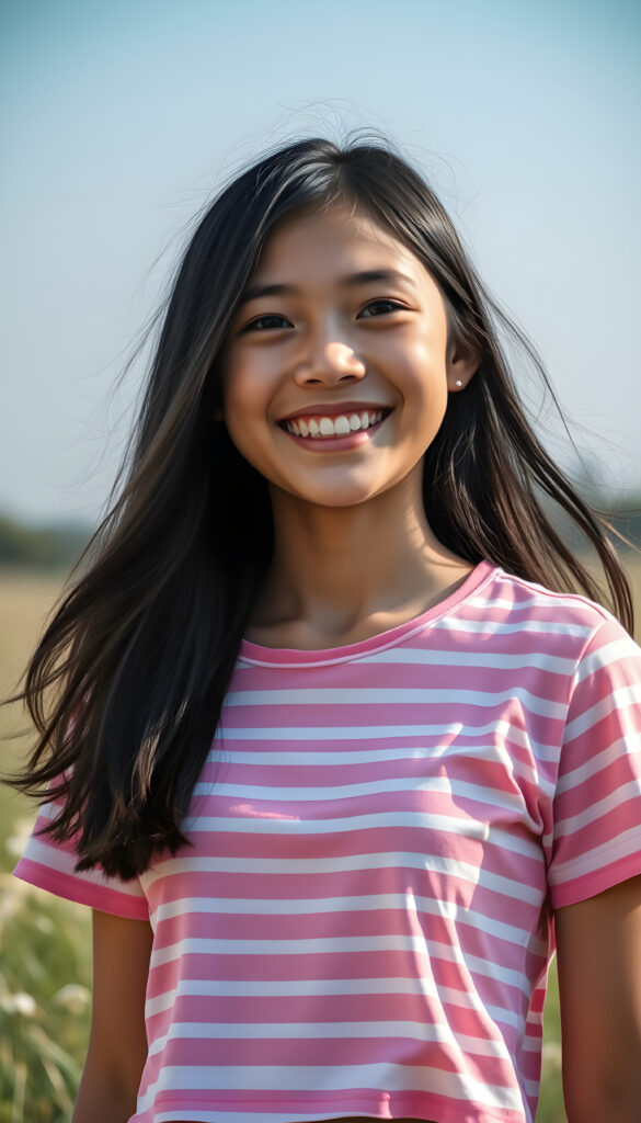 A joyful happy Filipino teenage girl with long black hair with the same length right and the left side, wearing a vibrant pink and white striped cropped t-shirt, stands in a sunlit meadow. Her bright eyes sparkle with happiness as she twirls, with a soft, dreamy atmosphere and a warm, golden glow that enhances her radiant smile. The scene is filled with a sense of carefree bliss and youthful energy centered portrait