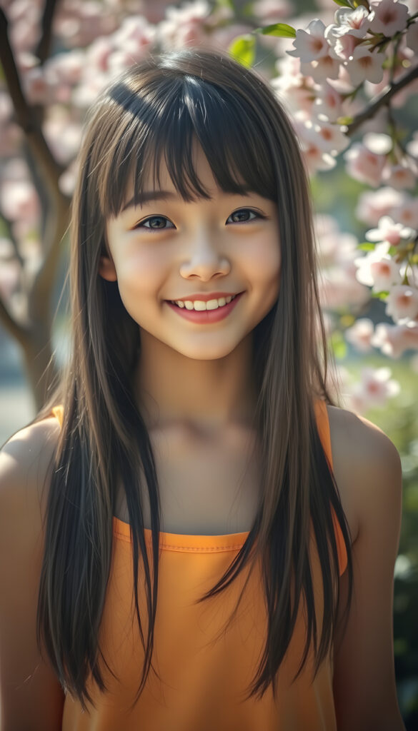 A joyful young Japanese girl with long, silky black hair featuring light brown highlights and soft bangs stands in front of the viewer. Her round face is adorned with sparkling, deep black eyes and a warm, radiant smile that reveals full, plump red lips. She wears a vibrant, cropped tank top in a bright, cheerful color, exuding an air of innocence and happiness. The scene is set in a sunlit garden with blooming cherry blossoms, creating a serene and enchanting atmosphere. The image is captured in a dynamic, slightly tilted composition, emphasizing her lively and cheerful demeanor.