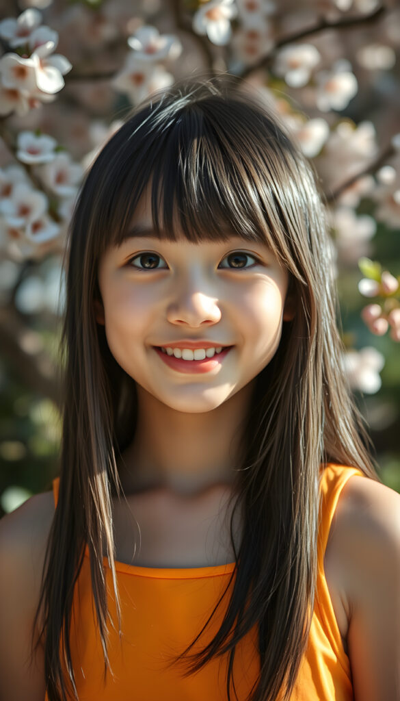 A joyful young Japanese girl with long, silky black hair featuring light brown highlights and soft bangs stands in front of the viewer. Her round face is adorned with sparkling, deep black eyes and a warm, radiant smile that reveals full, plump red lips. She wears a vibrant, cropped tank top in a bright, cheerful color, exuding an air of innocence and happiness. The scene is set in a sunlit garden with blooming cherry blossoms, creating a serene and enchanting atmosphere. The image is captured in a dynamic, slightly tilted composition, emphasizing her lively and cheerful demeanor.