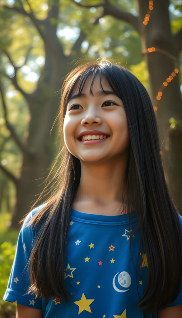 A joyful young Asian girl with long, straight silky black hair, bob cut with the same length right and left, standing in green forest. She wears a vibrant blue t-shirt adorned with colorful stars and moon patterns. The scene is bathed in soft, golden sunlight filtering through the lush green canopy, casting a warm glow. Her eyes sparkle with wonder. The background features towering trees with intricate, glowing vines and sparkling fairy lights, creating a serene and magical atmosphere.