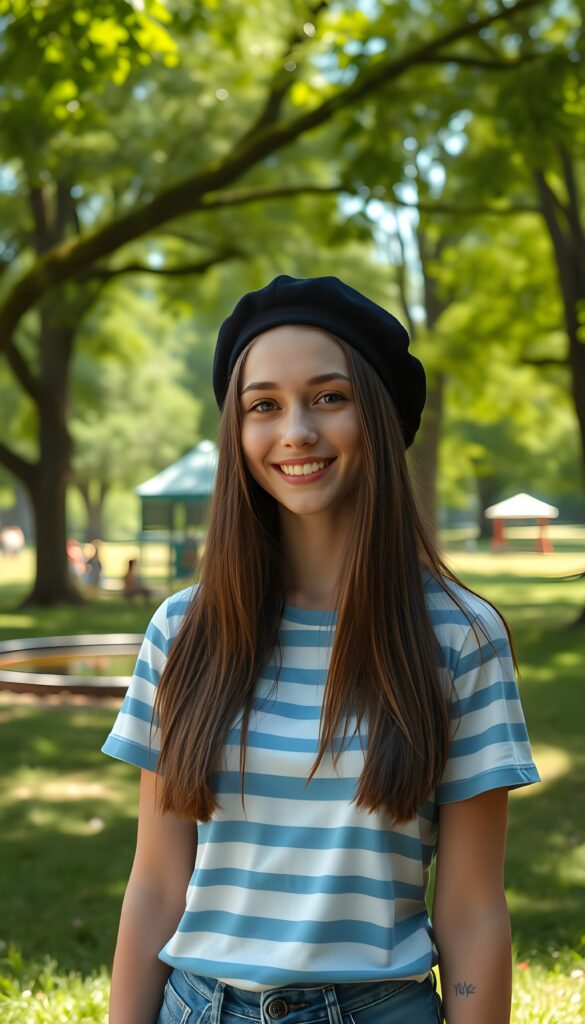 A joyful young woman with long, soft straight brown hair cascading down her shoulders, dons a simple blue and white horizontally striped T-shirt paired with a black beret. Her soft blue eyes sparkle with happiness as she stands in a vibrant green park, surrounded by towering trees. The sunlight filters through the leaves, casting dappled shadows on the ground. In the background, a small pond reflects the lush foliage, and a distant playground filled with children adds to the lively atmosphere. The scene is bathed in a warm, golden glow, capturing the essence of a serene and cheerful day outdoors.