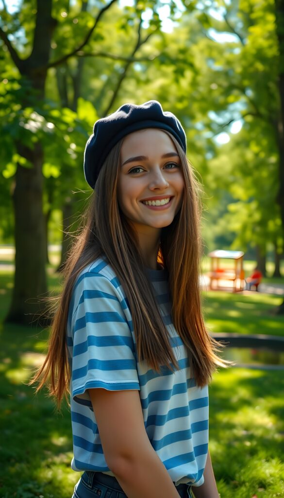 A joyful young woman with long, soft straight brown hair cascading down her shoulders, dons a simple blue and white horizontally striped T-shirt paired with a black beret. Her soft blue eyes sparkle with happiness as she stands in a vibrant green park, surrounded by towering trees. The sunlight filters through the leaves, casting dappled shadows on the ground. In the background, a small pond reflects the lush foliage, and a distant playground filled with children adds to the lively atmosphere. The scene is bathed in a warm, golden glow, capturing the essence of a serene and cheerful day outdoors.