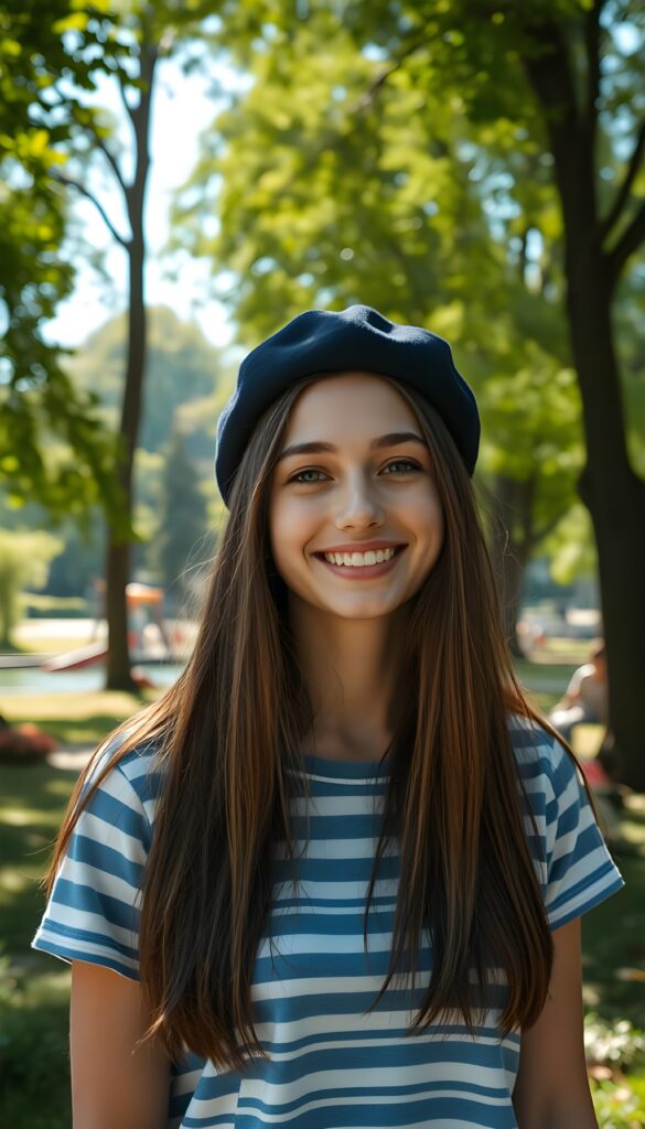 A joyful young woman with long, soft straight brown hair cascading down her shoulders, dons a simple blue and white horizontally striped T-shirt paired with a black beret. Her soft blue eyes sparkle with happiness as she stands in a vibrant green park, surrounded by towering trees. The sunlight filters through the leaves, casting dappled shadows on the ground. In the background, a small pond reflects the lush foliage, and a distant playground filled with children adds to the lively atmosphere. The scene is bathed in a warm, golden glow, capturing the essence of a serene and cheerful day outdoors.