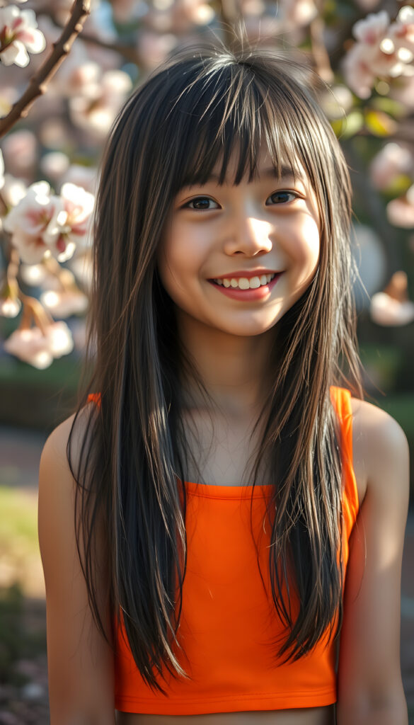 A joyful young Japanese girl with long, silky black hair featuring light brown highlights and soft bangs stands in front of the viewer. Her round face is adorned with sparkling, deep black eyes and a warm, radiant smile that reveals full, plump red lips. She wears a vibrant, cropped tank top in a bright, cheerful color, exuding an air of innocence and happiness. The scene is set in a sunlit garden with blooming cherry blossoms, creating a serene and enchanting atmosphere. The image is captured in a dynamic, slightly tilted composition, emphasizing her lively and cheerful demeanor.