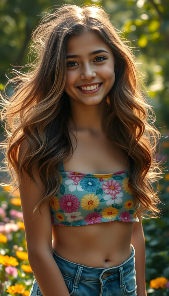 A joyful young woman with flowing, wavy hair that cascades down her shoulders. Her lips are full and curved in a gentle smile, framed by a round, radiant face. Her large, sparkling amber eyes sparkle with innocence, complemented by rosy cheeks. She wears a vibrant, cropped floral-patterned tank top that enhances her playful figure, paired with denim shorts, you can see her sweat round belly button, the scene is set in a lush garden filled with colorful flowers, with soft, golden sunlight filtering through the trees, creating a whimsical and enchanting atmosphere.