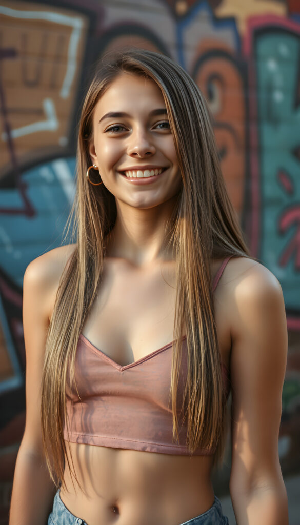 A joyful young busty teen girl with long, straight fine hair falls down to her body, sparkling eyes stands in front of a vibrant, graffiti-covered wall. She wears a colorful cropped tank top, deep v-neck, revealing a playful and energetic demeanor. The lighting is warm and inviting, casting a soft glow on her features.