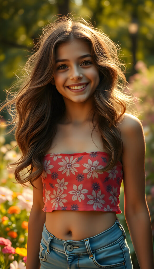 A joyful young woman with flowing, wavy hair that cascades down her shoulders. Her lips are full and curved in a gentle smile, framed by a round, radiant face. Her large, sparkling amber eyes sparkle with innocence, complemented by rosy cheeks. She wears a vibrant, cropped floral-patterned tank top that enhances her playful figure, paired with denim shorts, you can see her sweat round belly button, the scene is set in a lush garden filled with colorful flowers, with soft, golden sunlight filtering through the trees, creating a whimsical and enchanting atmosphere.