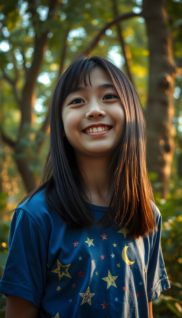 A joyful young Asian girl with long, straight silky black hair, bob cut with the same length right and left, standing in green forest. She wears a vibrant blue t-shirt adorned with colorful stars and moon patterns. The scene is bathed in soft, golden sunlight filtering through the lush green canopy, casting a warm glow. Her eyes sparkle with wonder. The background features towering trees with intricate, glowing vines and sparkling fairy lights, creating a serene and magical atmosphere.