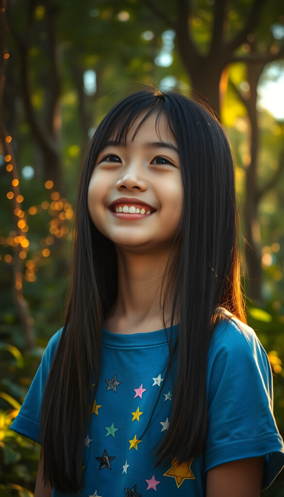 A joyful young Asian girl with long, straight silky black hair, bob cut with the same length right and left, standing in green forest. She wears a vibrant blue t-shirt adorned with colorful stars and moon patterns. The scene is bathed in soft, golden sunlight filtering through the lush green canopy, casting a warm glow. Her eyes sparkle with wonder. The background features towering trees with intricate, glowing vines and sparkling fairy lights, creating a serene and magical atmosphere.