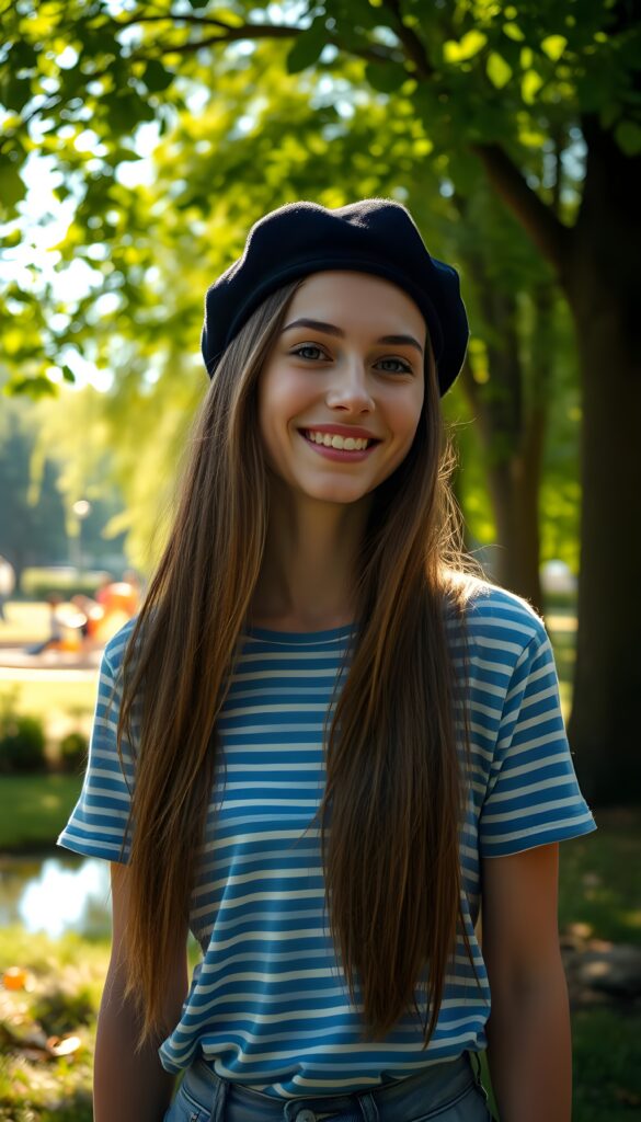 A joyful young woman with long, soft straight brown hair cascading down her shoulders, dons a simple blue and white horizontally striped T-shirt paired with a black beret. Her soft blue eyes sparkle with happiness as she stands in a vibrant green park, surrounded by towering trees. The sunlight filters through the leaves, casting dappled shadows on the ground. In the background, a small pond reflects the lush foliage, and a distant playground filled with children adds to the lively atmosphere. The scene is bathed in a warm, golden glow, capturing the essence of a serene and cheerful day outdoors.