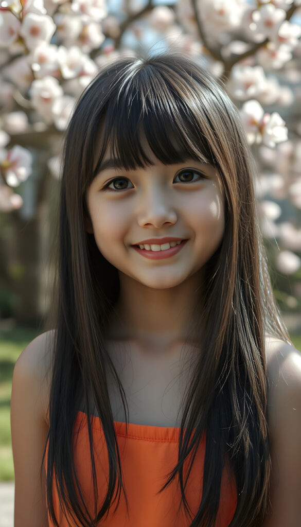 A joyful young Japanese girl with long, silky black hair featuring light brown highlights and soft bangs stands in front of the viewer. Her round face is adorned with sparkling, deep black eyes and a warm, radiant smile that reveals full, plump red lips. She wears a vibrant, cropped tank top in a bright, cheerful color, exuding an air of innocence and happiness. The scene is set in a sunlit garden with blooming cherry blossoms, creating a serene and enchanting atmosphere. The image is captured in a dynamic, slightly tilted composition, emphasizing her lively and cheerful demeanor.