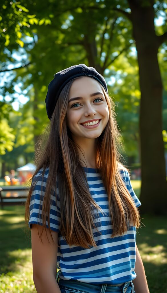 A joyful young woman with long, soft straight brown hair cascading down her shoulders, dons a simple blue and white horizontally striped T-shirt paired with a black beret. Her soft blue eyes sparkle with happiness as she stands in a vibrant green park, surrounded by towering trees. The sunlight filters through the leaves, casting dappled shadows on the ground. In the background, a small pond reflects the lush foliage, and a distant playground filled with children adds to the lively atmosphere. The scene is bathed in a warm, golden glow, capturing the essence of a serene and cheerful day outdoors.