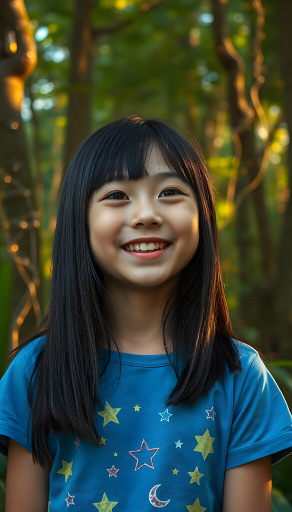 A joyful young Asian girl with long, straight silky black hair, bob cut with the same length right and left, standing in green forest. She wears a vibrant blue t-shirt adorned with colorful stars and moon patterns. The scene is bathed in soft, golden sunlight filtering through the lush green canopy, casting a warm glow. Her eyes sparkle with wonder. The background features towering trees with intricate, glowing vines and sparkling fairy lights, creating a serene and magical atmosphere.