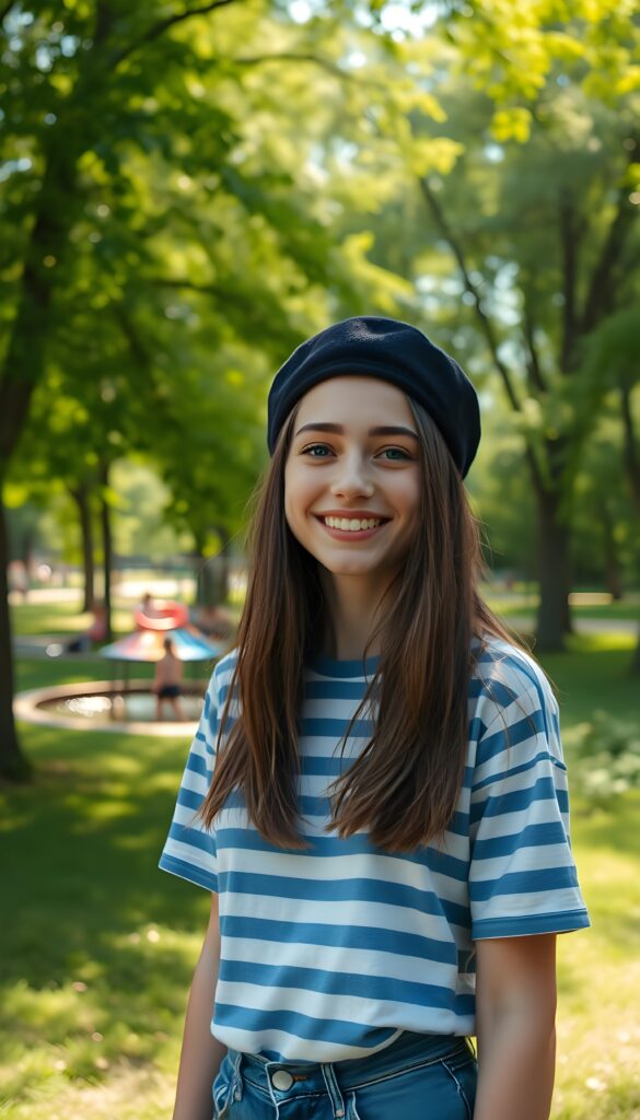 A joyful young woman with long, soft straight brown hair cascading down her shoulders, dons a simple blue and white horizontally striped T-shirt paired with a black beret. Her soft blue eyes sparkle with happiness as she stands in a vibrant green park, surrounded by towering trees. The sunlight filters through the leaves, casting dappled shadows on the ground. In the background, a small pond reflects the lush foliage, and a distant playground filled with children adds to the lively atmosphere. The scene is bathed in a warm, golden glow, capturing the essence of a serene and cheerful day outdoors.