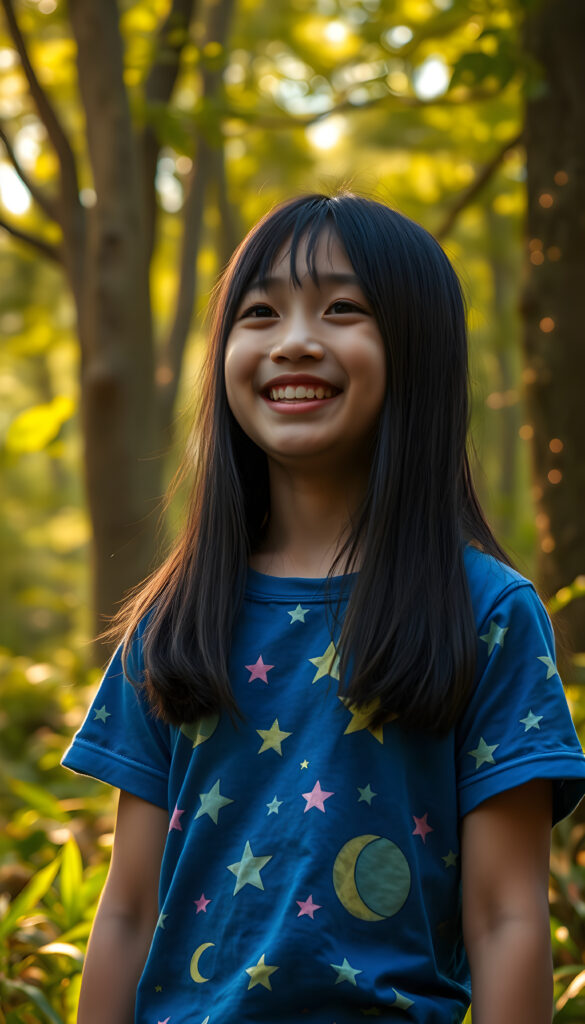 A joyful young Asian girl with long, straight silky black hair, bob cut with the same length right and left, standing in green forest. She wears a vibrant blue t-shirt adorned with colorful stars and moon patterns. The scene is bathed in soft, golden sunlight filtering through the lush green canopy, casting a warm glow. Her eyes sparkle with wonder. The background features towering trees with intricate, glowing vines and sparkling fairy lights, creating a serene and magical atmosphere.