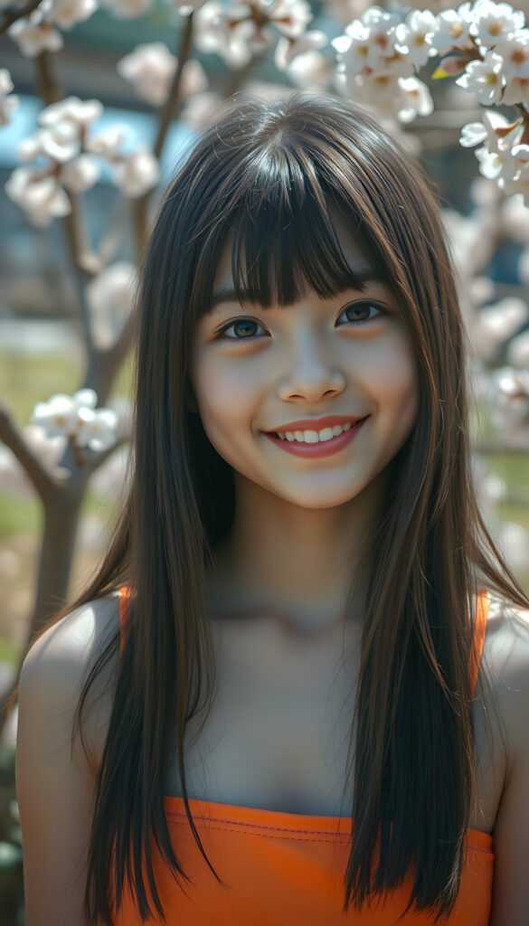 A joyful young Japanese girl with long, silky black hair featuring light brown highlights and soft bangs stands in front of the viewer. Her round face is adorned with sparkling, deep black eyes and a warm, radiant smile that reveals full, plump red lips. She wears a vibrant, cropped tank top in a bright, cheerful color, exuding an air of innocence and happiness. The scene is set in a sunlit garden with blooming cherry blossoms, creating a serene and enchanting atmosphere. The image is captured in a dynamic, slightly tilted composition, emphasizing her lively and cheerful demeanor.