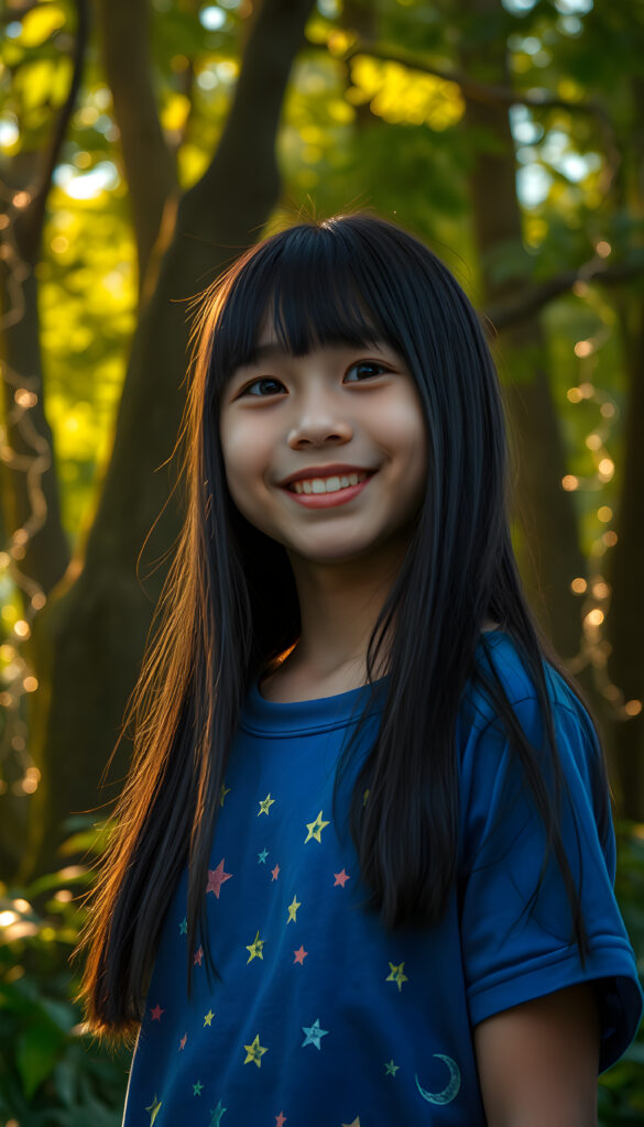 A joyful young Asian girl with long, straight silky black hair, bob cut with the same length right and left, standing in green forest. She wears a vibrant blue t-shirt adorned with colorful stars and moon patterns. The scene is bathed in soft, golden sunlight filtering through the lush green canopy, casting a warm glow. Her eyes sparkle with wonder. The background features towering trees with intricate, glowing vines and sparkling fairy lights, creating a serene and magical atmosphere.