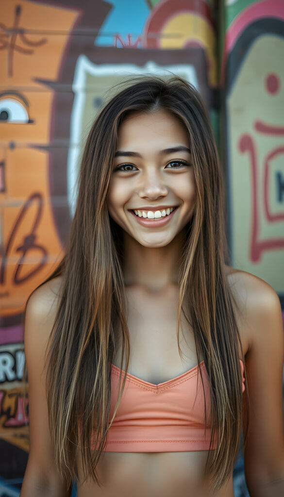 A joyful young busty teen girl with long, straight fine hair falls down to her body, sparkling eyes stands in front of a vibrant, graffiti-covered wall. She wears a colorful cropped tank top, deep v-neck, revealing a playful and energetic demeanor. The lighting is warm and inviting, casting a soft glow on her features.