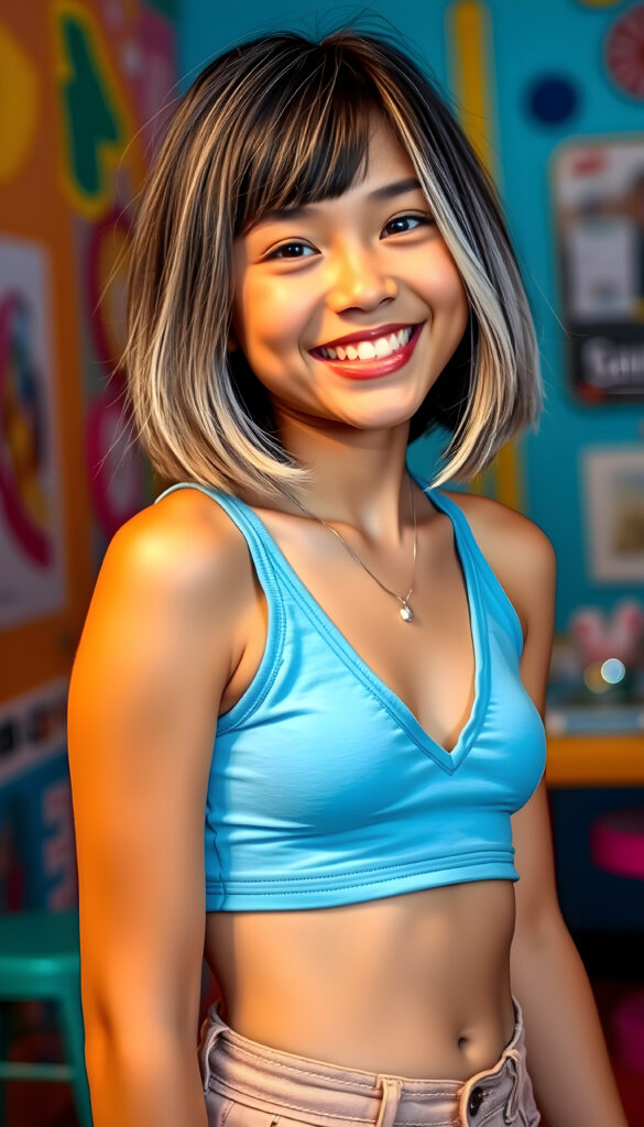 A lively and confident well busty teen girl with a playful tomboy vibe, featuring a bob cut, straight dark hair with white strands, and cropped light blue tank top deep V-neck. She exudes energy and charm, with a bright and colorful background that accentuates her youthful spirit. The scene is vibrant, filled with warm tones and soft lighting that highlights her cheerful expression and stylish attire. The composition includes dynamic angles and playful elements that create a lively and engaging atmosphere